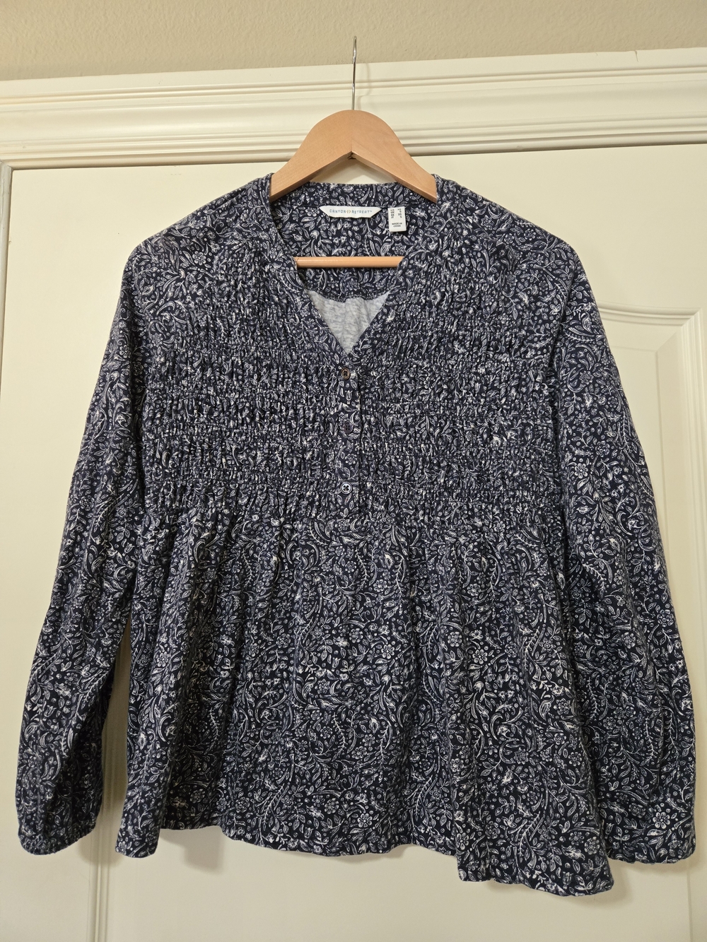 Navy Floral Smocked V-Neck Peasant Blouse Flowy Feminine